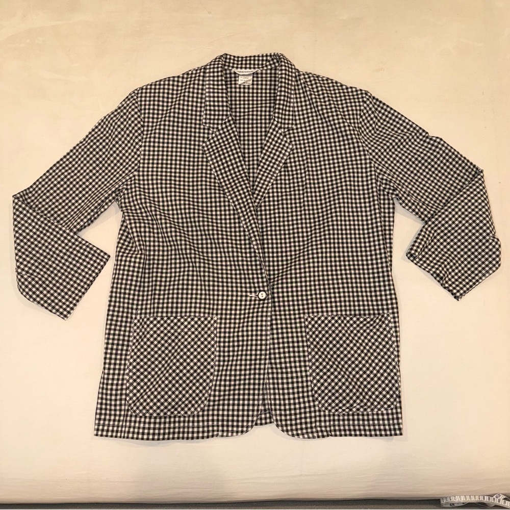 Black White Gingham Blazer Womens L Lightweight Checkered Jacket Casual Preppy